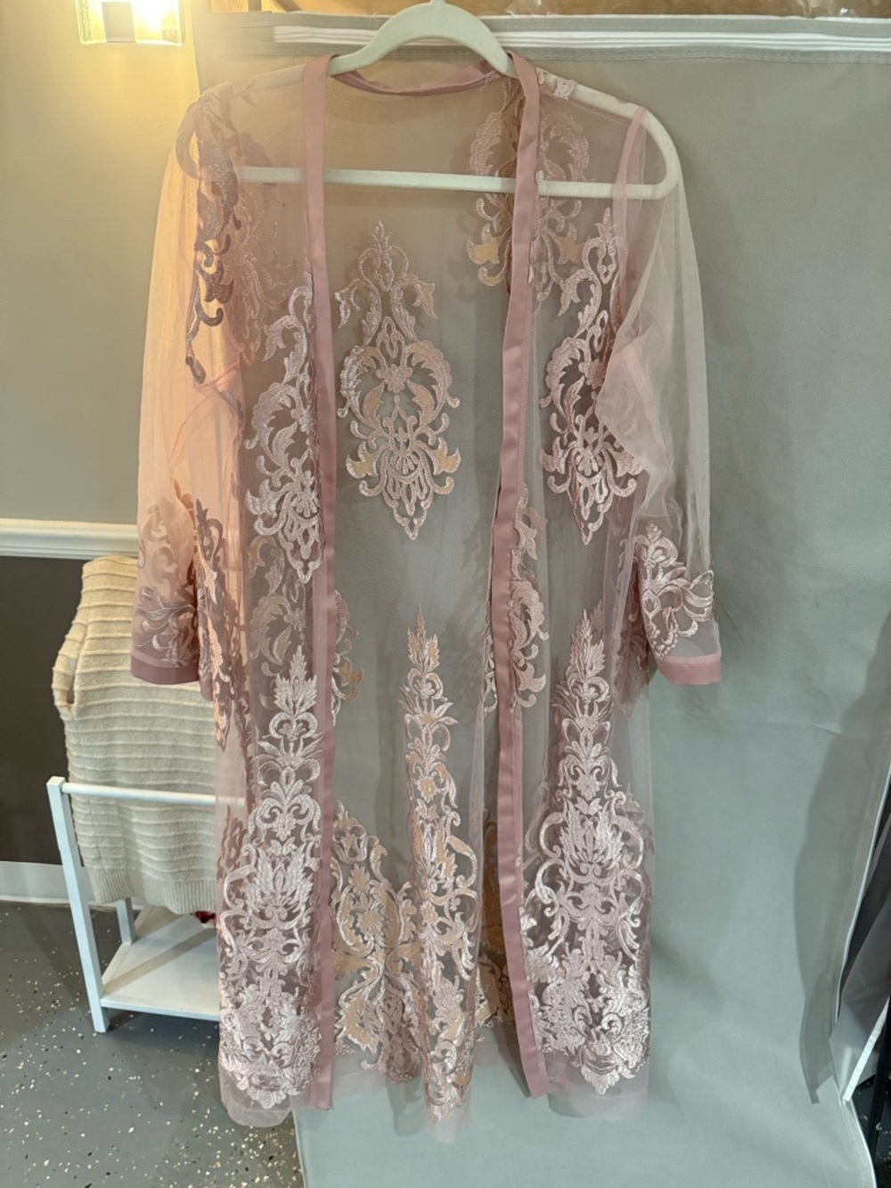 Sheer Embroidered Pink Lace Kimono